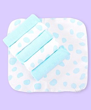 Babyhug Cotton Knit Polka Dot Printed Wash Cloth Pack of 6 L 25 x B 25 cm - White & Light Blue