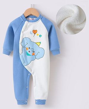 Kookie Kids Full Raglan Sleeves Elephant Printed Winter Romper - White & Blue