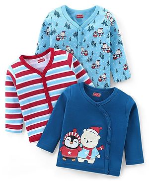 Babyhug Interlock 100% Cotton Knit Full Sleeves Front Open Vests with Bear Penguin & Striped Print Pack of 3 - Blue & Red