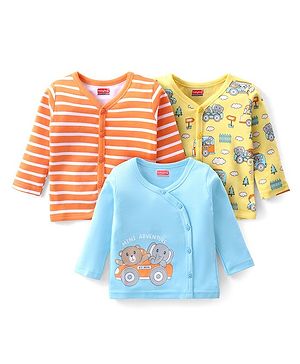 Babyhug 100% Cotton Knit Full Sleeves Front Open Vest Animal Print Pack of 3 - Orange Blue & Yellow