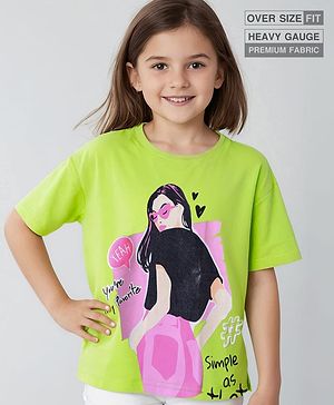 Pine Kids Cotton Knit Half Drop Shoulder Sleeves Oversized T-Shirt with Text Print - Lime Green