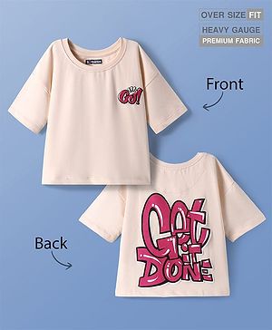 Pine Kids Cotton Knit Half Drop Shoulder Sleeves Text Printed Oversized T-Shirt - Cream