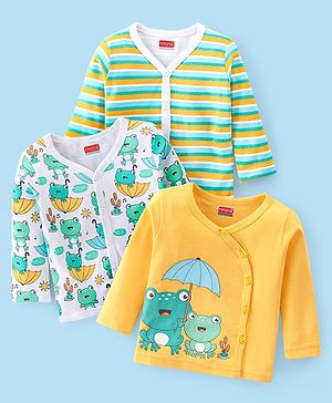 Babyhug 100% Cotton Knit Full Sleeves Front Open Vests with Striped & Frog Print Pack of 3 - Yellow White & Green