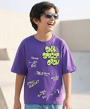 Pine Kids Cotton Knit Half Sleeves T-Shirt With Text Print - Purple