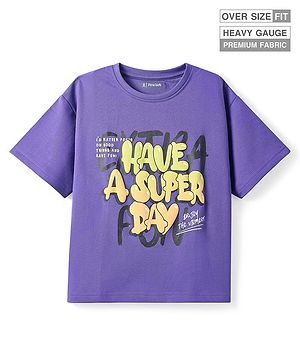 Pine Kids Cotton Knit Half Drop Shoulder Sleeves T-Shirt with Text Print - Purple