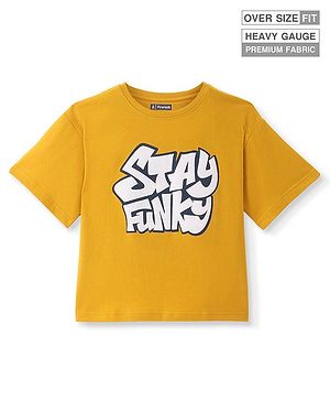 Cotton Half Sleeves Oversize T-shirt with Text Print - Golden