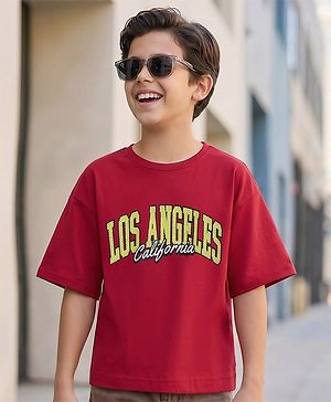 Pine Kids Cotton Knit Half Sleeves Text Printed T-Shirt - Red