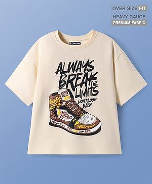 Pine Kids Cotton Knit  Drop Shoulder Sleeves T-Shirt With Shoes & Text Print - Peach