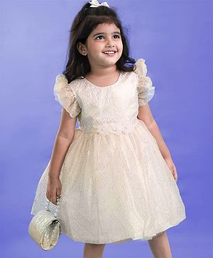 Babyhug Woven Textured Dress With Frill Sleeves & Corsage Applique - Offwhite