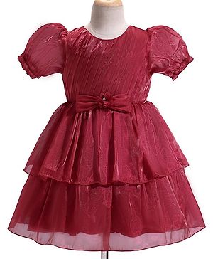 Babyhug Woven  Balloon Sleeves Fit & Flared  Party Frock with Bow Applique - Maroon