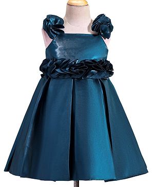 Babyhug Woven Sleeveless Pleated Dress With Corsage Detailing - Teal