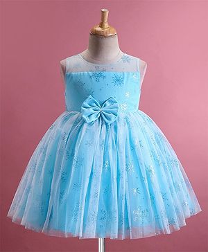 Babyhug Woven  Sleeveless Party Frock with Snowflake Print & Bow Applique - Blue