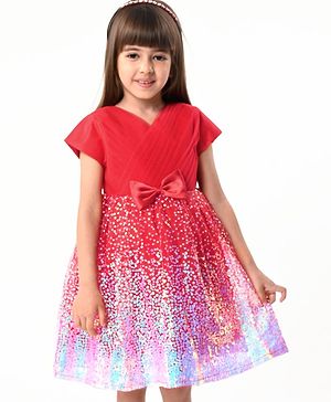 Babyhug Woven Cap Sleeves Fit & Flare Party Frock with Sequinned Detailing & Bow Applique- Red