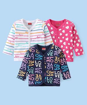 Babyhug 100% Cotton Knit Full Sleeves Front Open Stripes & Heart Printed Vests Pack Of 3 - Multicolour