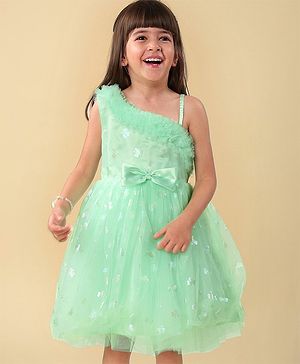 Babyhug Woven One Shoulder Sleeves Fit & Flare Party Frock with Frill Detailing & Bow Applique- Mint