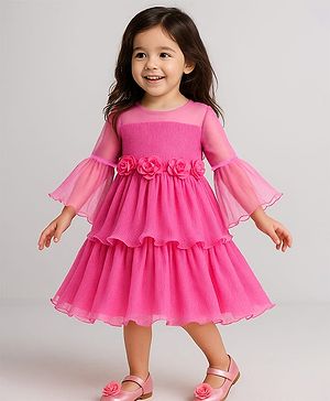 Babyhug Woven Mesh Sleeves Fit & Flare Tiered Party Frock with Floral Applique -Pink