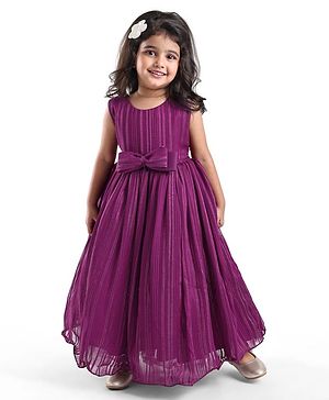 Babyhug Woven Sleeveless Fit & Flare Party Gown with Curled Hem Bow Applique -Purple