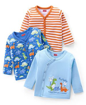 Babyhug Interlock Cotton Knit Full Sleeves Front Open Vests With Stripes & Dino Print Pack of 3 - Orange & Blue