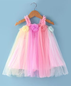 Babyhug Woven Sleeveless A Line Party Frock With Panels & Floral Corsage  - Yellow & Pink