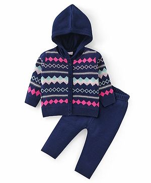 Babyhug Knitted Full Sleeves Front Open Hooded Sweater Set With Aztec Design - Navy Blue