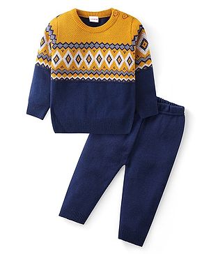 Babyhug Knitted Full Sleeves Sweater Set with Argyle Design - Navy Blue & Yellow