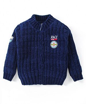 Babyhug Knitted Full Sleeves Front Open Sweater with Text Embroidery - Navy Blue