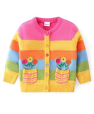 Babyhug Knitted Full Sleeves Front Open Sweater With Floral Design - Multicolour
