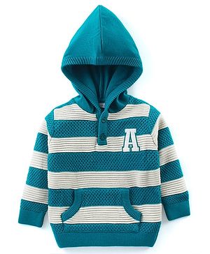 Babyhug Knitted Full Sleeves Hooded Striped Sweater with Kangaroo Pockets & Alphabet Embroidery - Teal Blue