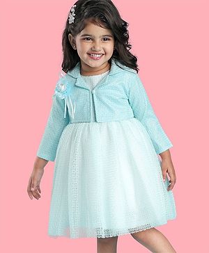 Babyhug Woven Full Sleeves Honeycomb Textured Fabric Fit & Flared Party Frock with Blazer & Floral Applique - Mint