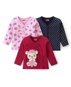 Babyhug 100% Cotton Front Open Set of Vets with Teddy Floral & Polka Dots Print Pack of 3 - Pink Maroon & Navy Blue