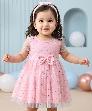 Babyhug Woven Half Sleeves Fit & Flared Party Frock with Headband & Foil Print Bow Applique - Pink