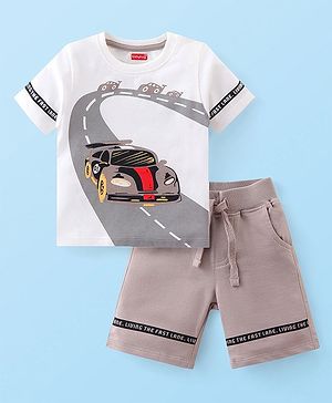Babyhug Cotton Knit Half Sleeves T-Shirt & Shorts Set With Car Print - White & Beige