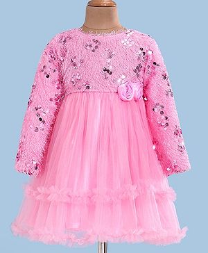 Babyhug Woven Full Sleeves Fit & Flared Party Frock with Sequin on Yoke & Floral Applique - Pink