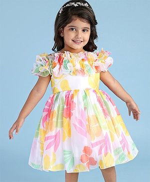 Babyhug Woven Sleeveless Floral Printed Fit & Flared Party Frock with Frill Detailing  - White Pink & Red