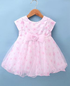 Babyhug Woven Half Sleeves Fit and Flare Dress Party Frock With Floral Print & Bow Applique- White & Pink