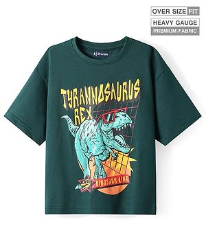 Pine Kids Cotton Knit Half Sleeves T-Shirt With Dino Print - Dark Green