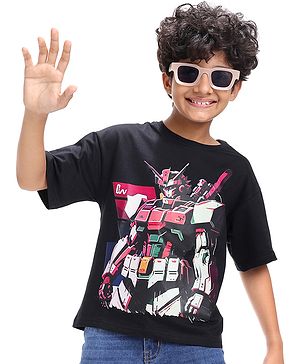 Pine Kids Cotton Knit Half Sleeves Over Sized T-Shirt with Transformer Print - Black
