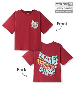 Pine Kids Cotton Knit Half Sleeves T-Shirt with Text Print - Maroon
