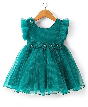 Babyhug Woven Frill Sleeves Shimmered Party Frock with with Floral Detailing - Green