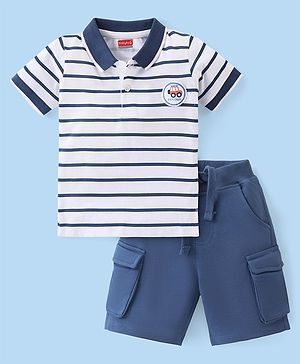 Babyhug Cotton Knit Half Sleeves Striped Polo T-Shirt & Shorts Set With Patch - White