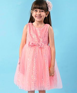 Babyhug Woven Sleeveless  Sequinned Dress with Bow Applique - Peach