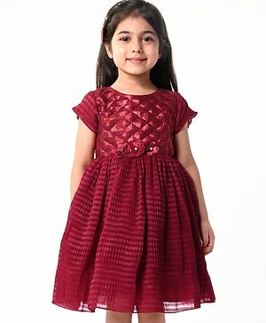 Babyhug Cap Sleeves Fit & Flared Sequined Party Frock with Floral Applique - Maroon