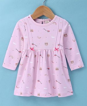 Baby Naturelle & Me Cotton Full Sleeves Bear Printed Frock - Pink