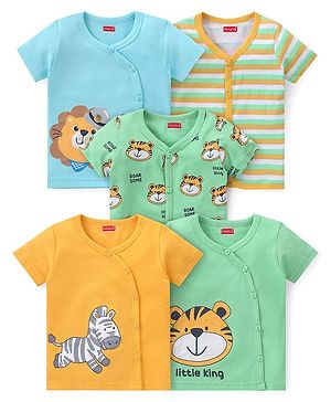 Babyhug 100% Cotton Half Sleeves Front Open Jhablas Animal Print Pack of 5 - Multicolour