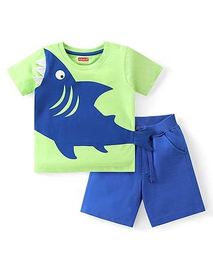 Babyhug Cotton Knit Half Sleeves T-Shirt & Shorts Set With Shark Applique - Green & Blue