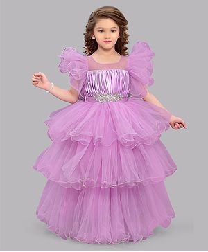 PinkChick Satin Ruffle Sleeves Pleated & Stone Embellished Layered Party Wear Gown - Lavender