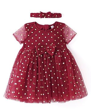 Babyhug Woven Half Sleeves Fit and Flare Party Frock Polka Dot Foil Print & Bow Applique With Headband  - Red