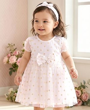 Babyhug Woven Half Sleeves Fit & Flared Party Frock with Headband Glitter Polka Dot Print & Bow Applique - White