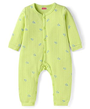 Babyhug Full  Sleeves  Winter Wear Romper with Paper Plane Design - Lime Green