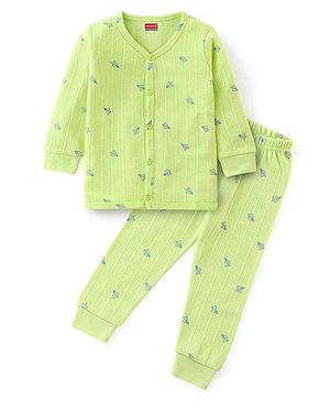 Babyhug Cotton Full Sleeves Front Open Thermal Vest And Leggings with Aeroplane Print - Lime Green